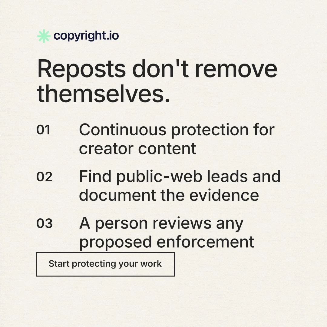 Instagram post for copyright.io: "Reposts don't remove themselves." Editorial style, numbered layout, light palette in white, grey.
