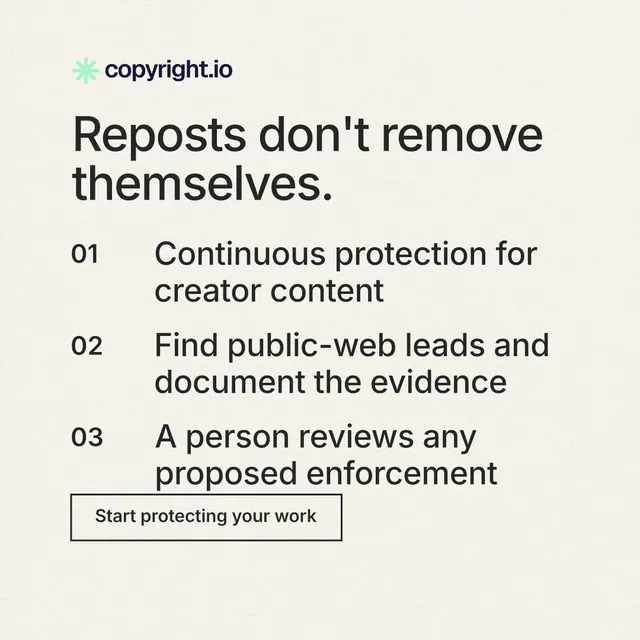 Instagram post for copyright.io: "Reposts don't remove themselves." Editorial style, numbered layout, light palette in white, grey.