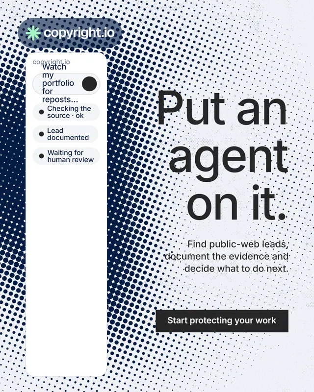 Instagram portrait post for copyright.io: "Put an agent on it." Retro print style, right layout, light palette in grey, blue, white.