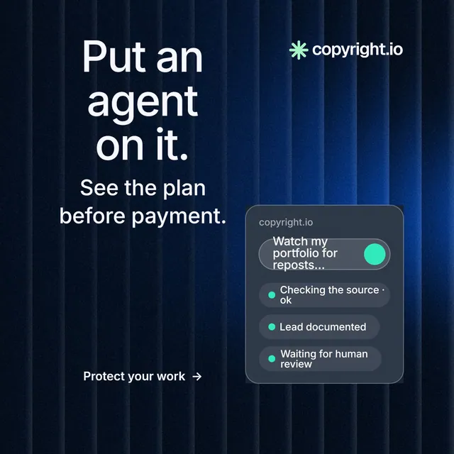 Instagram post for copyright.io: "Put an agent on it." Minimal luxury style, skeleton layout, dark palette in black, blue.