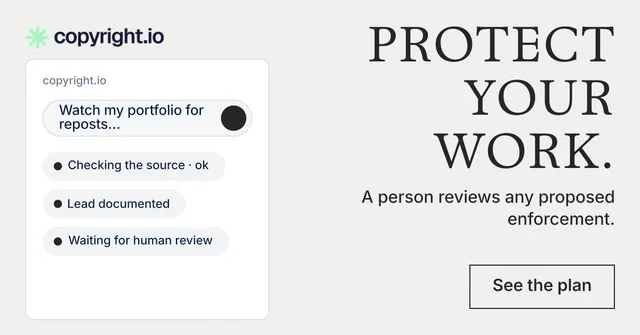 Social ad for copyright.io: "Protect your work." Editorial style, right layout, light palette in white, grey.
