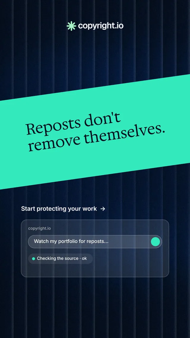 Instagram story for copyright.io: "Reposts don't remove themselves." Minimal luxury style, diagonal layout, dark palette in teal, black, blue.