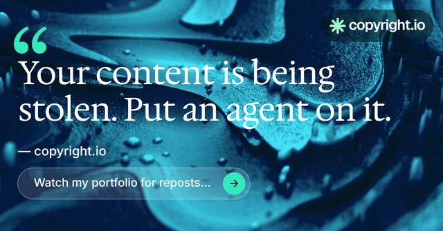 Social ad for copyright.io: "Reposts don't remove themselves." Agentic glass style, quote layout, dark palette in black, blue, teal.