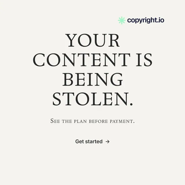 Instagram post for copyright.io: "Your content is being stolen." Minimal luxury style, smallcaps layout, light palette in white, grey.