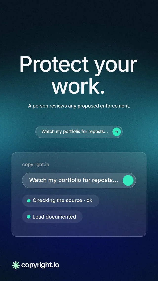 Instagram story for copyright.io: "Protect your work." Agentic glass style, centred layout, dark palette in black, blue, teal.