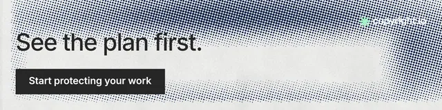 LinkedIn banner for copyright.io: "See the plan first." Swiss style, skeleton layout, light palette in grey, white.