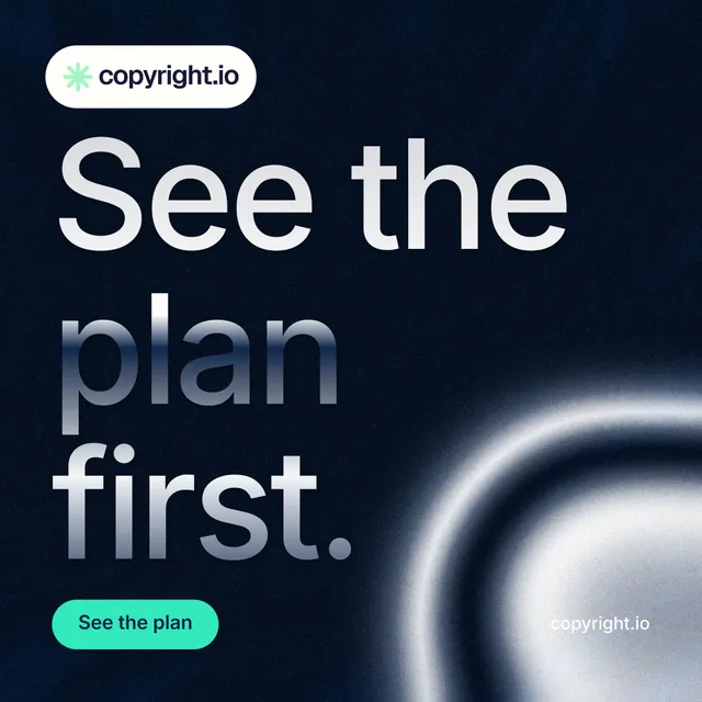 Instagram post for copyright.io: "See the plan first." Y2K style, poster layout, dark palette in black, grey, blue.