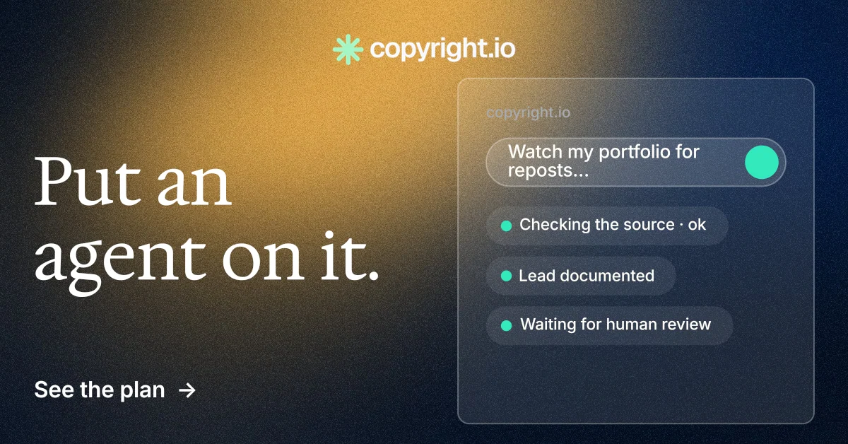 Social ad for copyright.io: "Put an agent on it." Minimal luxury style, bottom layout, dark palette in blue, grey, brown.