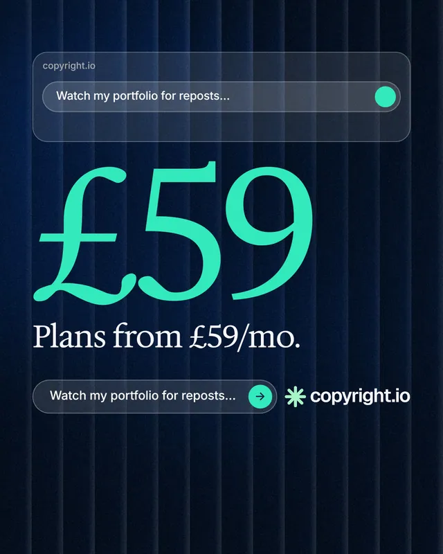 Instagram portrait post for copyright.io: "Continuous protection for creators." Agentic glass style, stat layout, dark palette in blue, black, teal.