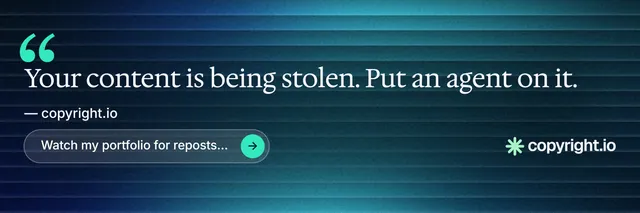 X header for copyright.io: "Evidence, documented." Agentic glass style, quote layout, dark palette in blue, black, teal.