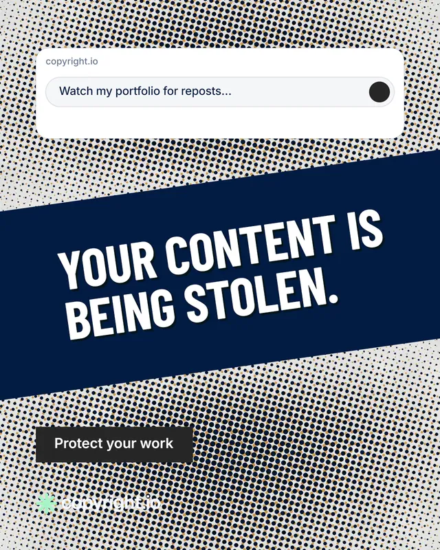 Instagram portrait post for copyright.io: "Your content is being stolen." Retro print style, diagonal layout, light palette in blue, grey, white.