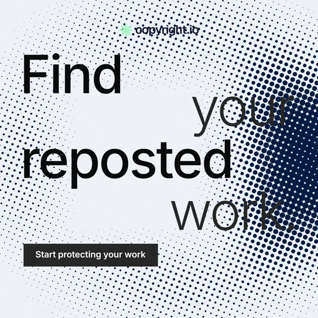 Instagram post for copyright.io: "Find your reposted work." Swiss style, stacked layout, light palette in blue, white, grey.