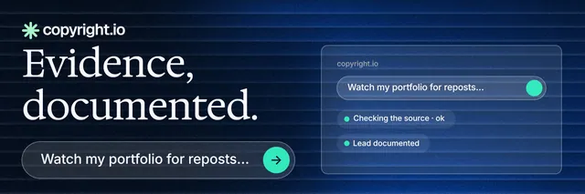 X header for copyright.io: "Evidence, documented." Agentic glass style, skeleton layout, dark palette in black, blue.