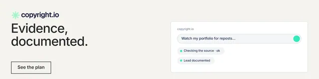 LinkedIn banner for copyright.io: "Evidence, documented." Editorial style, bottom layout, light palette in white, grey.