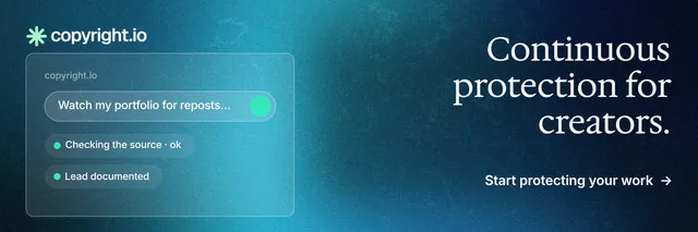 X header for copyright.io: "Continuous protection for creators." Minimal luxury style, right layout, dark palette in blue, teal.