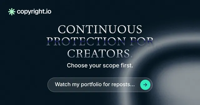 Social ad for copyright.io: "Continuous protection for creators." Agentic glass style, centred layout, dark palette in black, grey, blue.