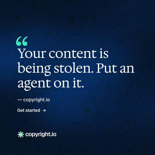 Instagram post for copyright.io: "Evidence, documented." Minimal luxury style, quote layout, dark palette in blue, black.