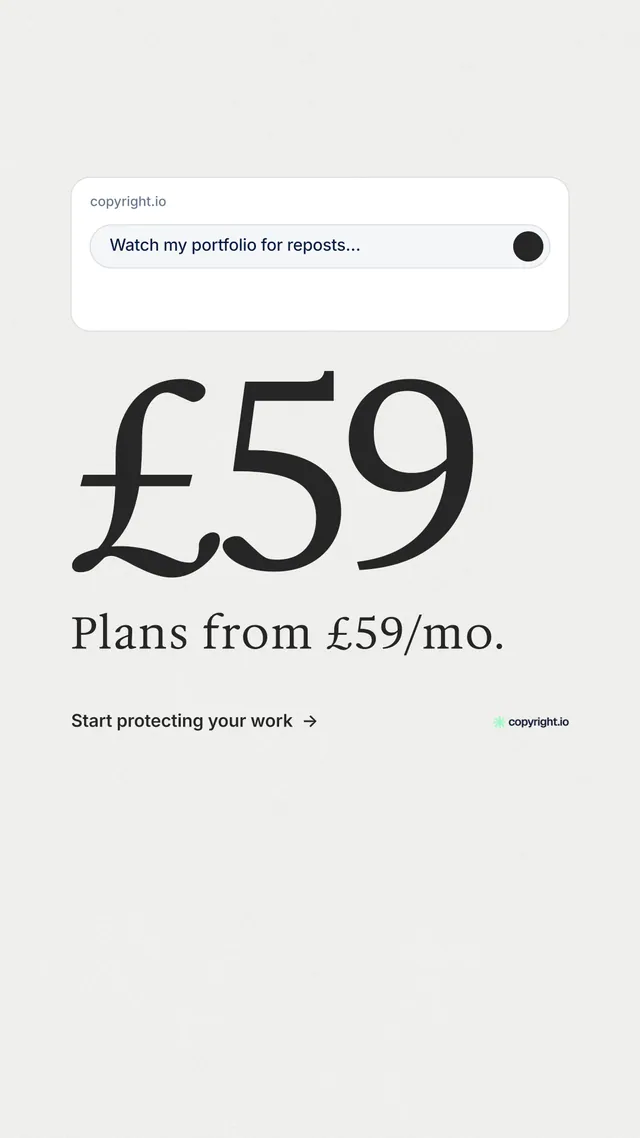 Instagram story for copyright.io: "Protect your work." Minimal luxury style, stat layout, light palette in white, grey.