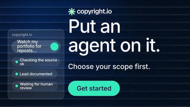 Landscape graphic for copyright.io: "Put an agent on it." Agentic glass style, skeleton layout, dark palette in black, blue, teal.