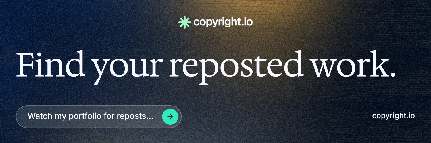 X header for copyright.io: "Find your reposted work." Agentic glass style, poster layout, dark palette in black, grey, blue.