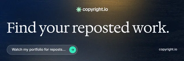 X header for copyright.io: "Find your reposted work." Agentic glass style, poster layout, dark palette in black, grey, blue.