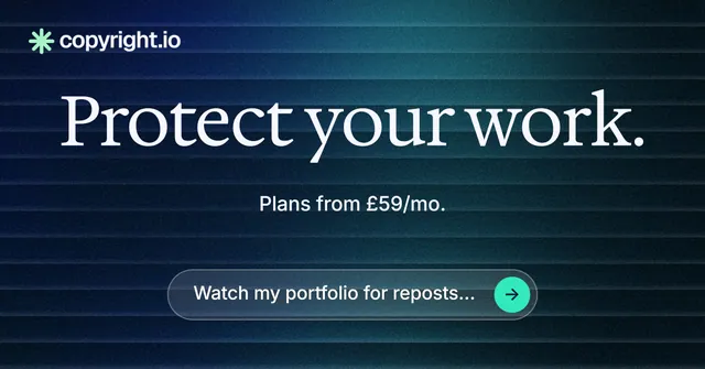 Social ad for copyright.io: "Protect your work." Agentic glass style, centred layout, dark palette in blue, black.