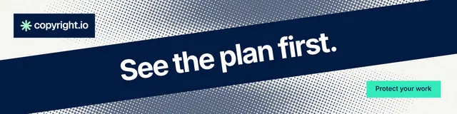 LinkedIn banner for copyright.io: "See the plan first." Swiss style, diagonal layout, dark palette in blue, grey, teal.