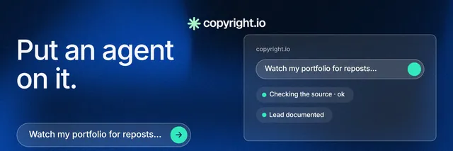 X header for copyright.io: "Put an agent on it." Agentic glass style, bottom layout, dark palette in blue, black.