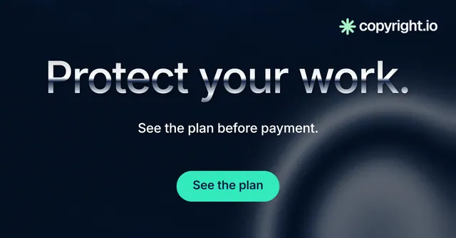 Social ad for copyright.io: "Protect your work." Y2K style, centred layout, dark palette in black, blue, teal.