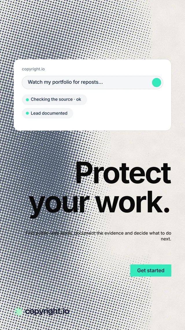 Instagram story for copyright.io: "Protect your work." Swiss style, right layout, light palette in grey, white.