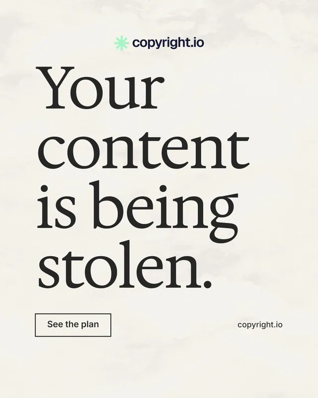 Instagram portrait post for copyright.io: "Your content is being stolen." Editorial style, poster layout, light palette in white, grey.