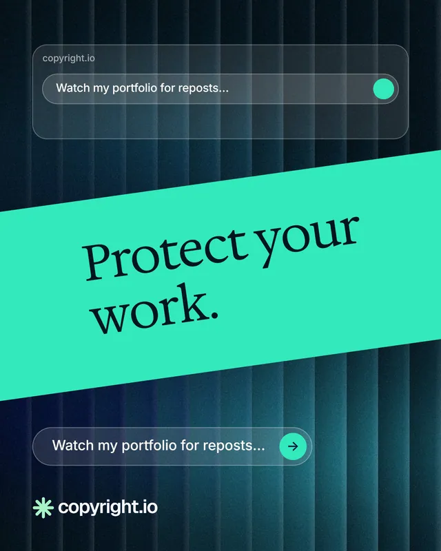 Instagram portrait post for copyright.io: "Protect your work." Agentic glass style, diagonal layout, dark palette in blue, teal, black.