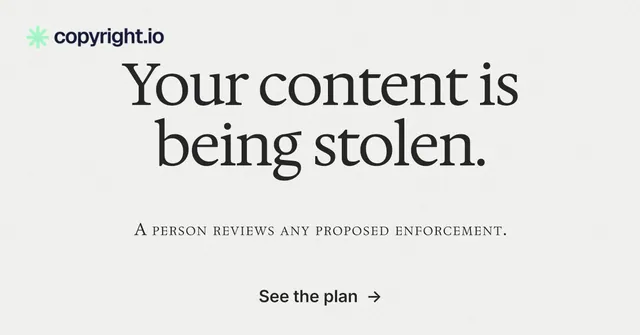 Social ad for copyright.io: "Your content is being stolen." Swiss style, smallcaps layout, light palette in white.