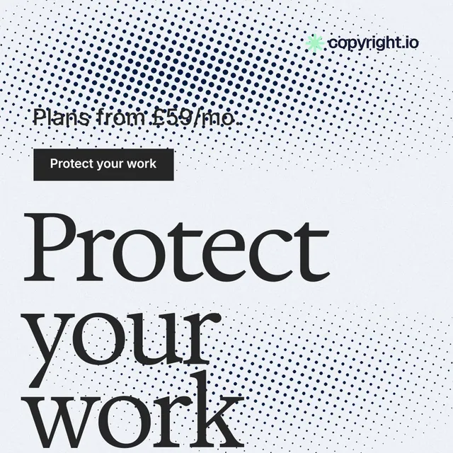 Instagram post for copyright.io: "Reposts don't remove themselves." Split block style, oversized layout, light palette in white, grey.