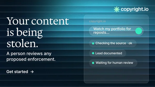 Landscape graphic for copyright.io: "Your content is being stolen." Minimal luxury style, bottom layout, dark palette in teal, black, blue.