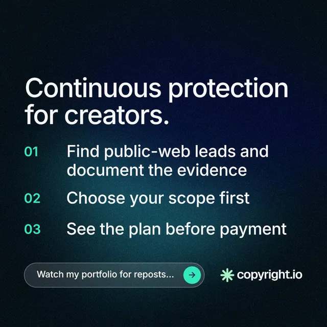 Instagram post for copyright.io: "Continuous protection for creators." Agentic glass style, numbered layout, dark palette in black, blue.
