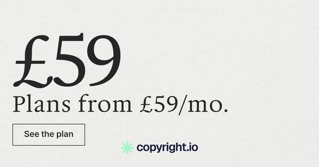 Social ad for copyright.io: "Evidence, documented." Editorial style, stat layout, light palette in white, grey.