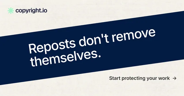 Social ad for copyright.io: "Reposts don't remove themselves." Minimal luxury style, diagonal layout, light palette in white, blue.