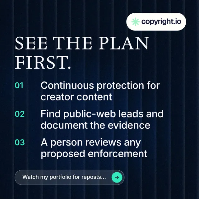Instagram post for copyright.io: "See the plan first." Agentic glass style, numbered layout, dark palette in black, grey.