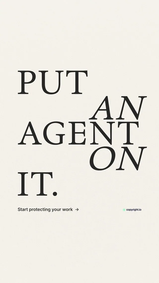 Instagram story for copyright.io: "Put an agent on it." Minimal luxury style, stacked layout, light palette in white.