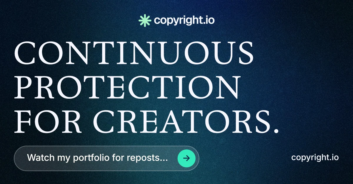 Social ad for copyright.io: "Continuous protection for creators." Agentic glass style, poster layout, dark palette in blue, black, grey.