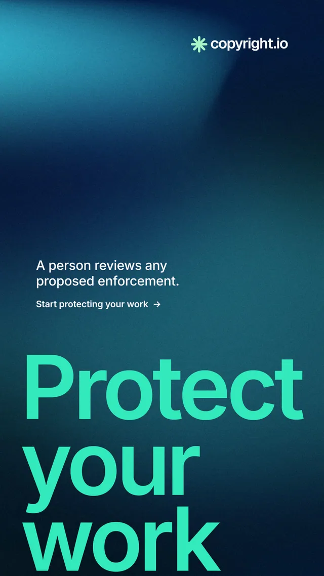 Instagram story for copyright.io: "Your content is being stolen." Minimal luxury style, oversized layout, dark palette in blue, black, teal.
