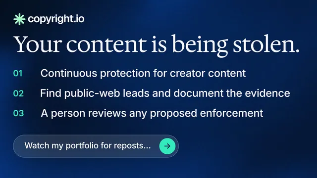 Landscape graphic for copyright.io: "Your content is being stolen." Agentic glass style, numbered layout, dark palette in blue, black.