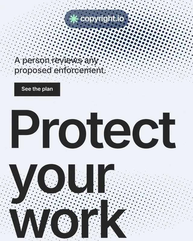 Instagram portrait post for copyright.io: "See the plan first." Swiss style, oversized layout, light palette in white, grey.