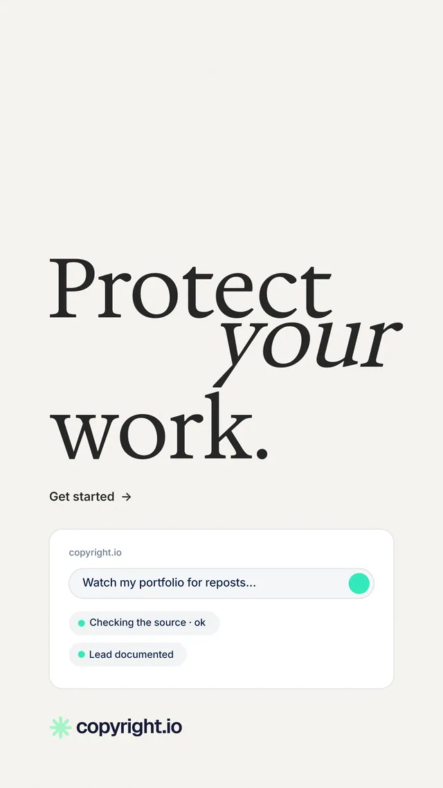 Instagram story for copyright.io: "Protect your work." Minimal luxury style, stacked layout, light palette in white, grey.