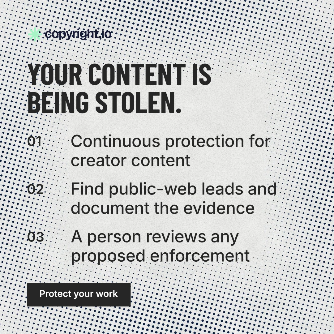 Instagram post for copyright.io: "Your content is being stolen." Retro print style, numbered layout, light palette in grey, white.