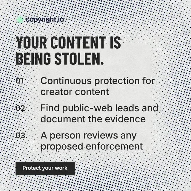 Instagram post for copyright.io: "Your content is being stolen." Retro print style, numbered layout, light palette in grey, white.