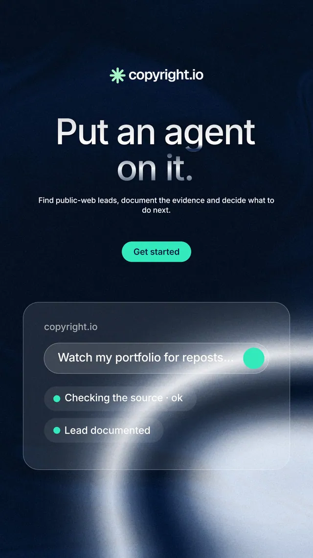 Instagram story for copyright.io: "Put an agent on it." Y2K style, centred layout, dark palette in black, blue, grey.