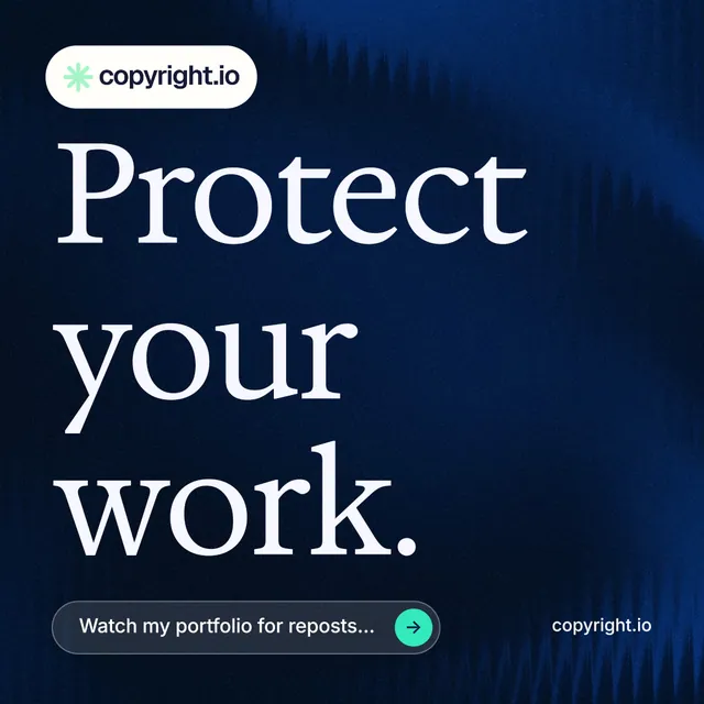 Instagram post for copyright.io: "Protect your work." Agentic glass style, poster layout, dark palette in blue, black, grey.