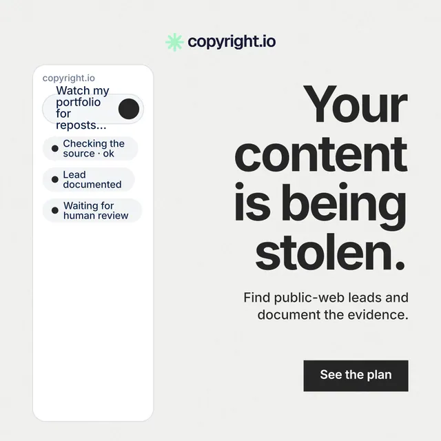 Instagram post for copyright.io: "Your content is being stolen." Swiss style, right layout, light palette in white, grey.